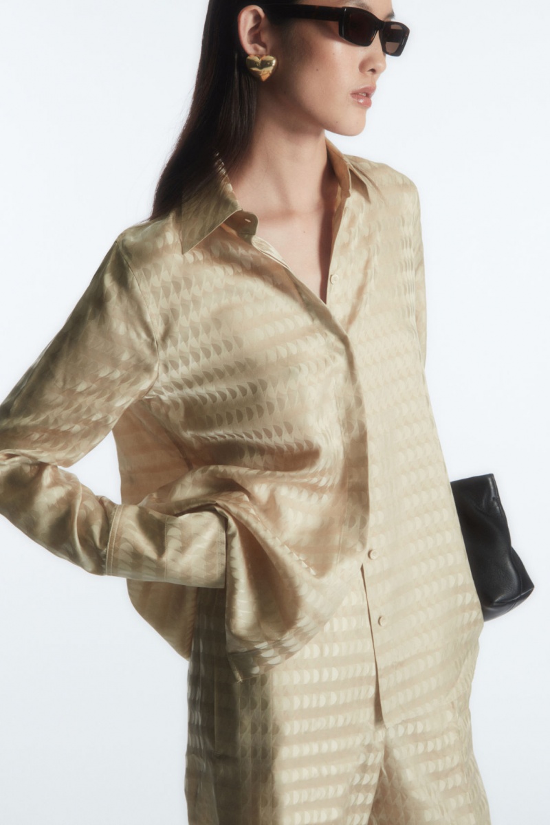 Women\'s COS Geometric-Jacquard Satin Shirts Light Beige NZ-54QILSUZC