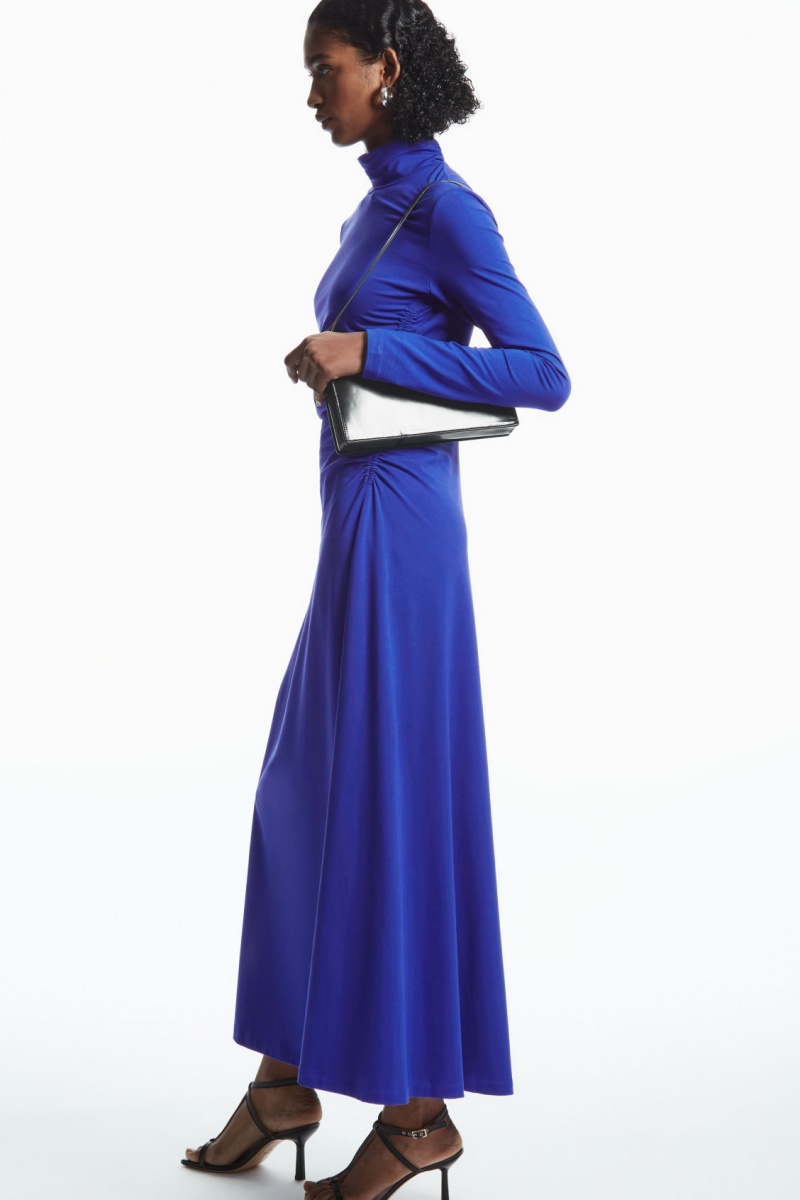Women's COS High-Neck Gathered Midi Dress Light Blue NZ-30BXEYWRC