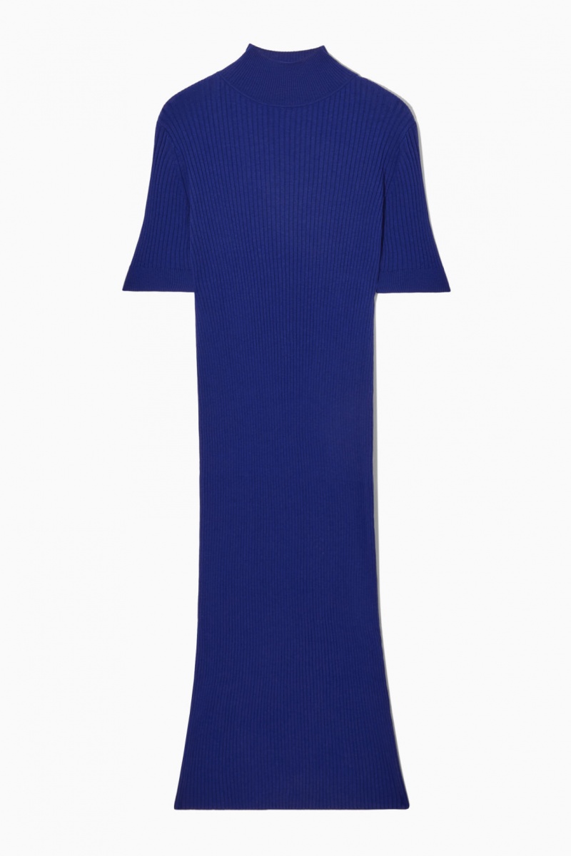 Women's COS High-Neck Ribbed Silk Dress Light Blue NZ-63YFZBRGE