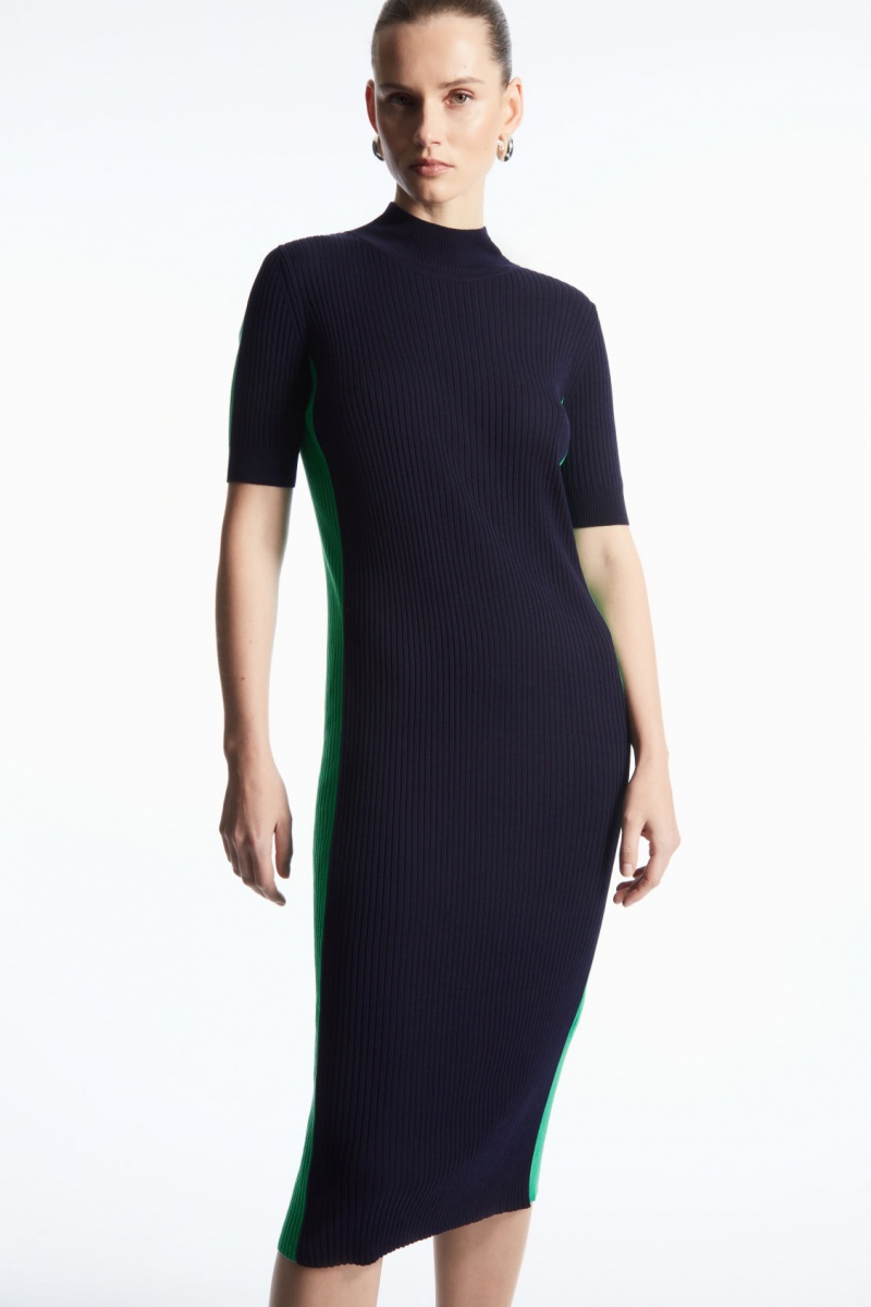 Women's COS High-Neck Ribbed Silk Dress Navy / Light Green NZ-35SIJHVGA