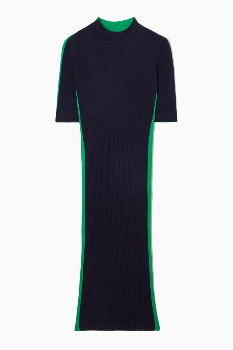 Women's COS High-Neck Ribbed Silk Dress Navy / Light Green NZ-35SIJHVGA