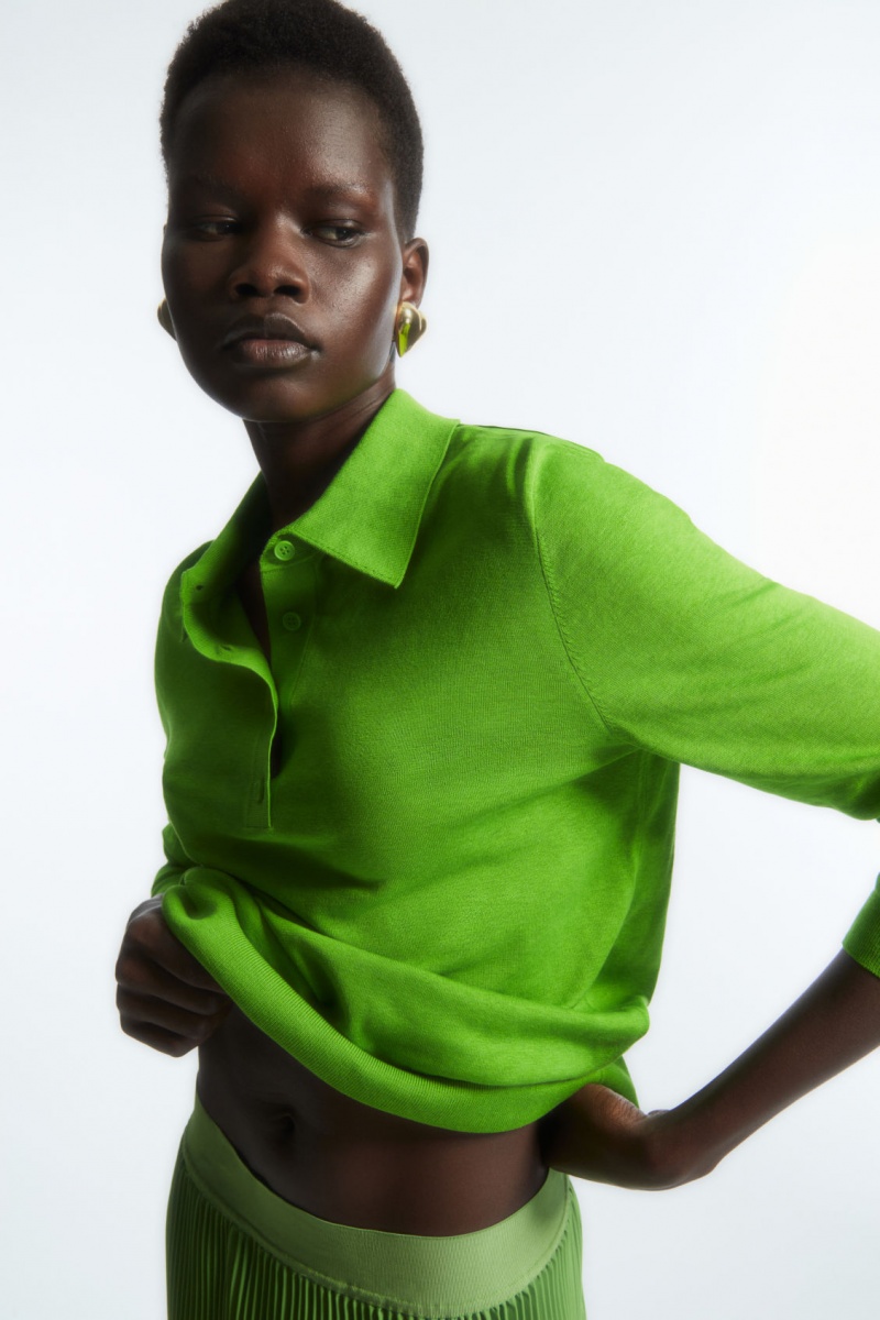Women\'s COS Knitted Silk-Blend Polo Shirts Green NZ-83UGVDMNF