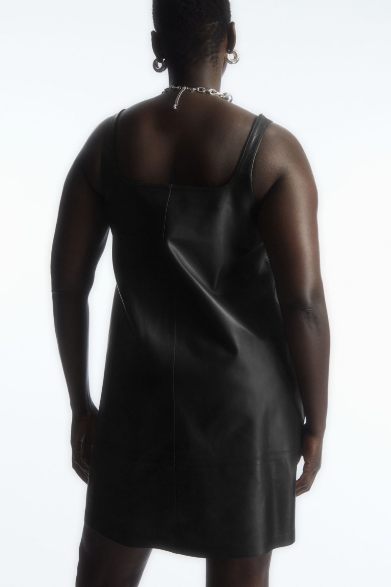 Women's COS Leather Mini Pinafore Dress Black NZ-65VOIKZQM