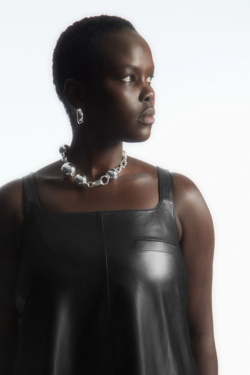 Women's COS Leather Mini Pinafore Dress Black NZ-65VOIKZQM