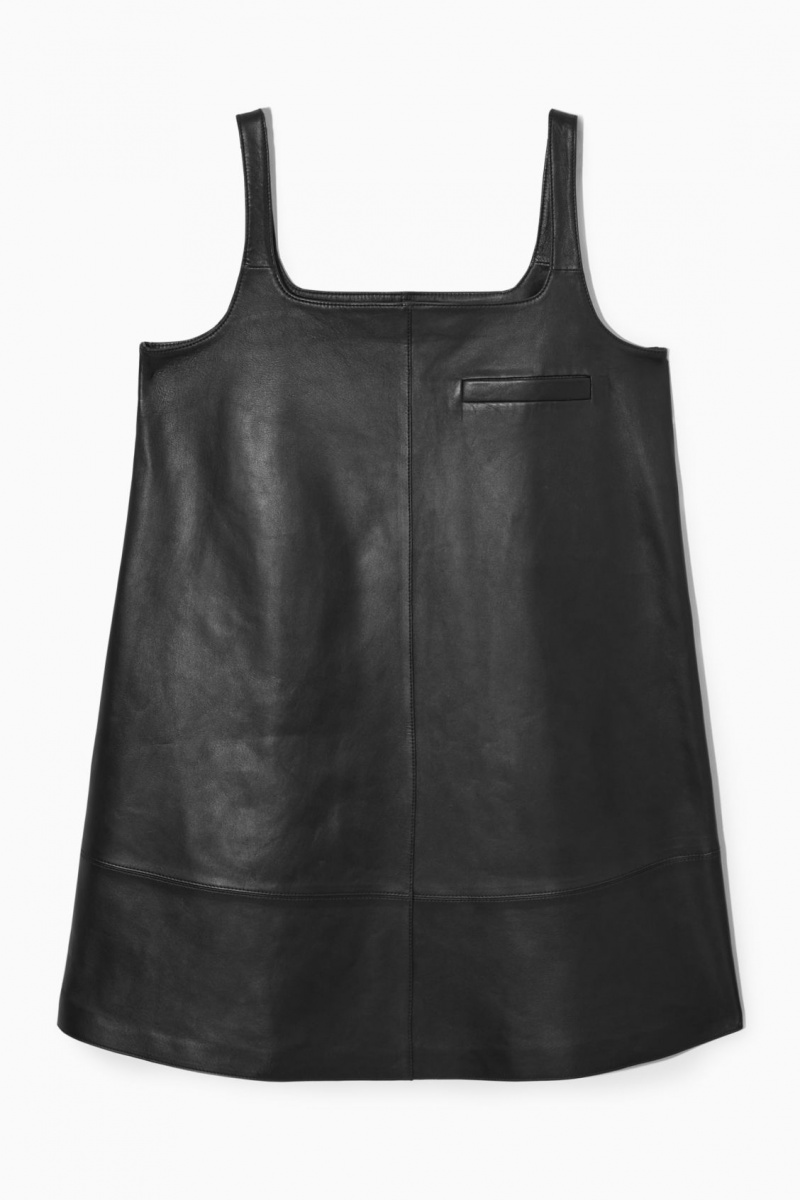 Women's COS Leather Mini Pinafore Dress Black NZ-65VOIKZQM