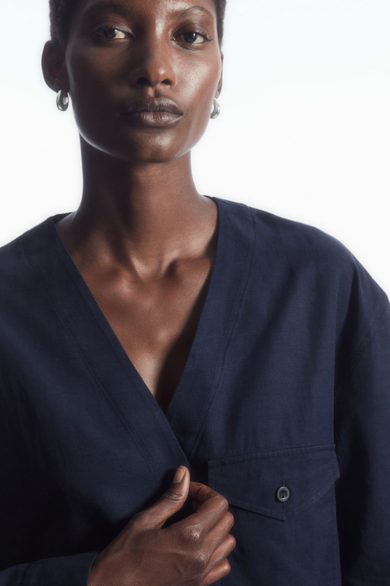 Women's COS Lightweight V-Neck Blouse Navy NZ-96XVZPNMR