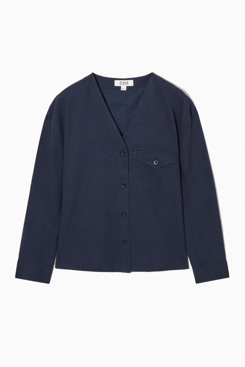 Women's COS Lightweight V-Neck Blouse Navy NZ-96XVZPNMR