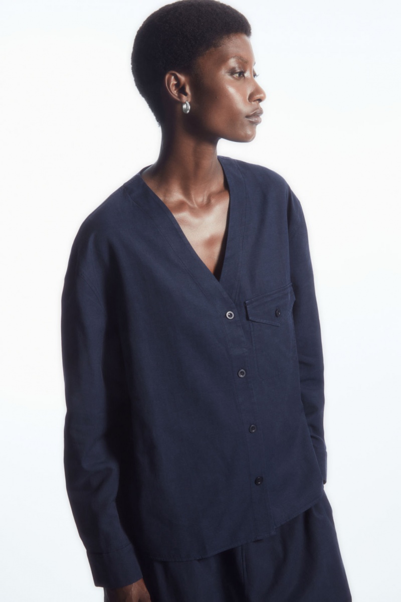 Women\'s COS Lightweight V-Neck Blouse Navy NZ-96XVZPNMR