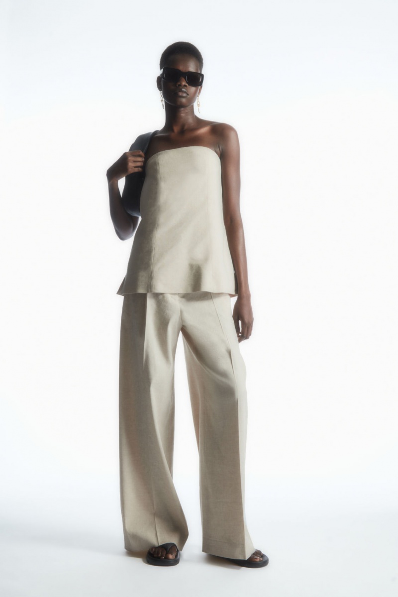 Women\'s COS Linen-Blend Wide-Leg Tailored Pants Beige NZ-64ANUXMZI