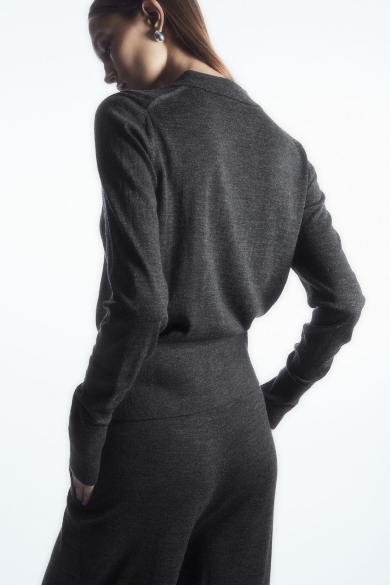 Women's COS Merino Wool Collared Cardigan Dark Grey NZ-53CORUPNW