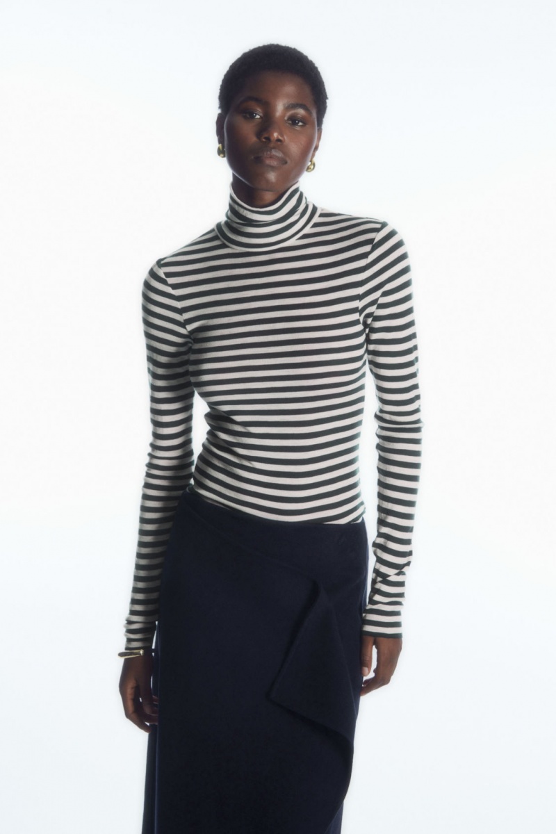 Women's COS Merino Wool Turtleneck Top Sweaters Navy / White NZ-43AIHFTPO