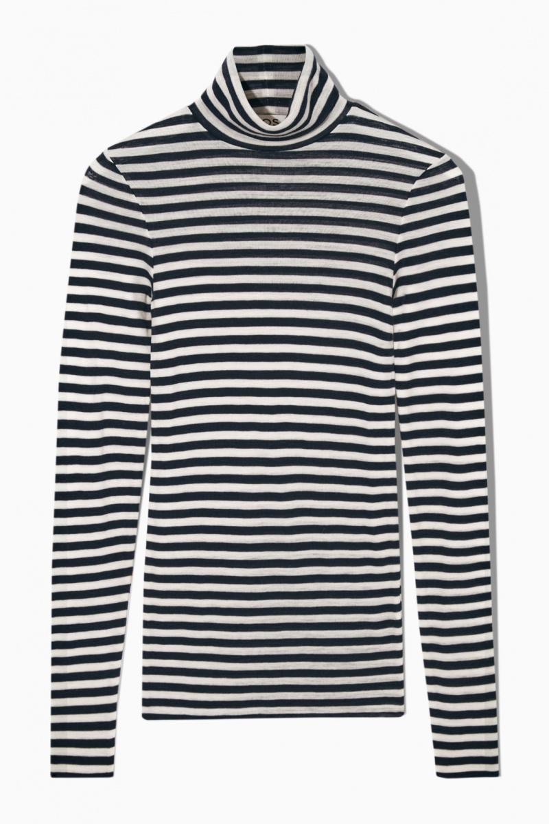 Women's COS Merino Wool Turtleneck Top Sweaters Navy / White NZ-43AIHFTPO