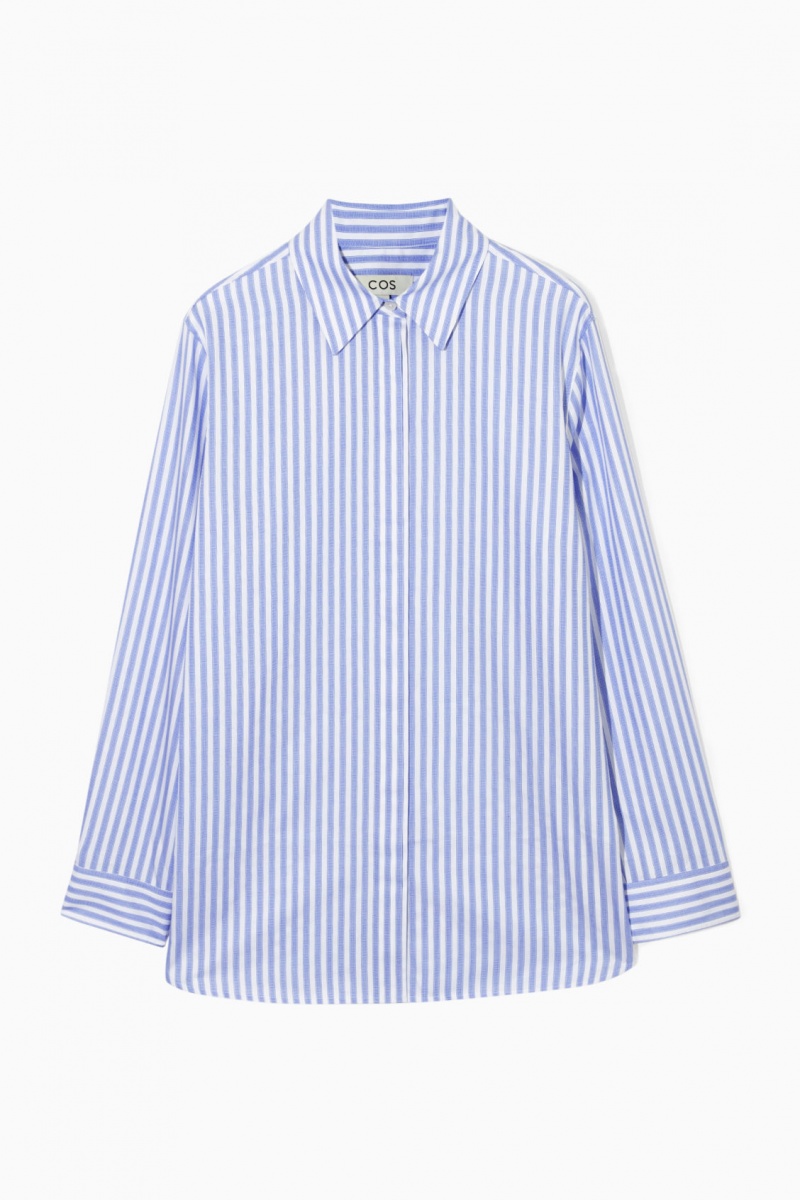 Women's COS Minimal Concealed-Placket Shirts Blue / White NZ-86CIUDWMX
