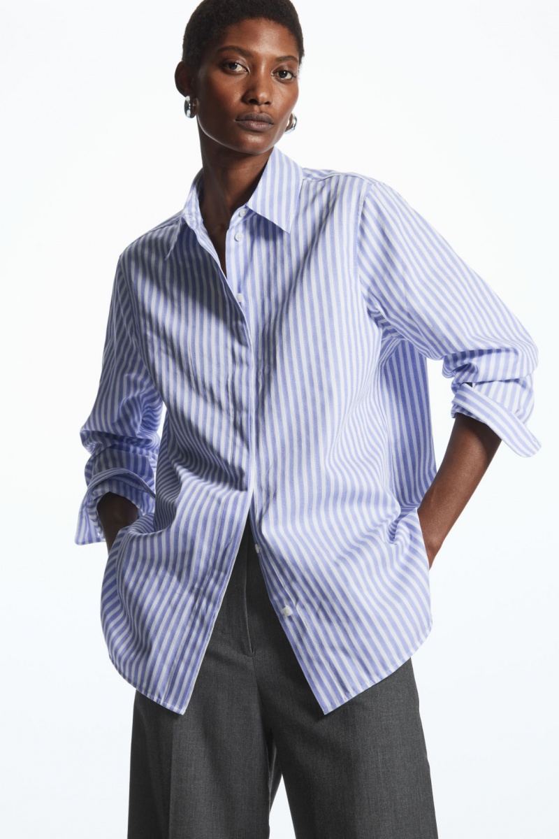 Women\'s COS Minimal Concealed-Placket Shirts Blue / White NZ-86CIUDWMX