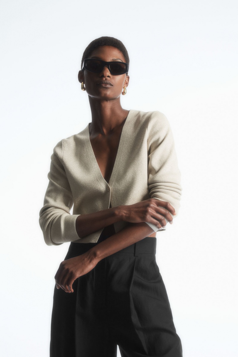 Women\'s COS Minimal Cropped V-Neck Cardigan Cream NZ-70HYJDXWM