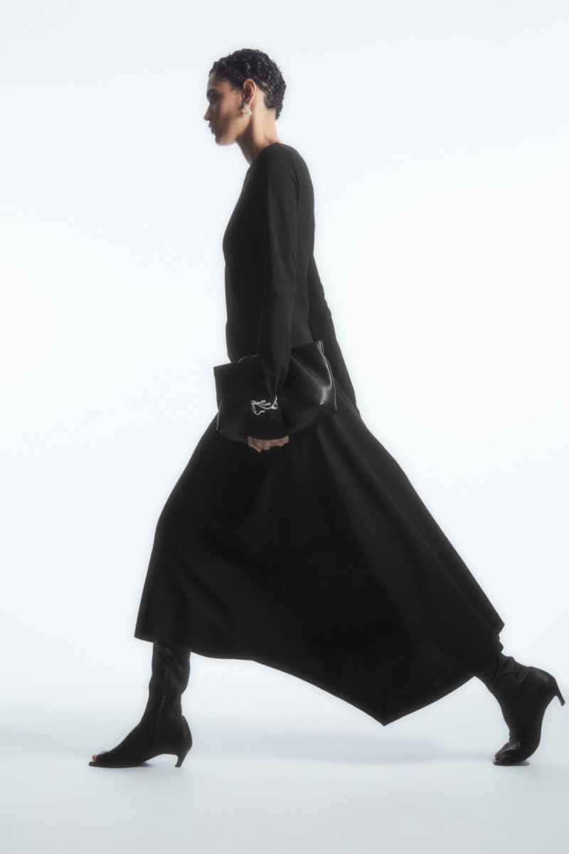 Women's COS Off-The-Shoulder Asymmetric Midi Dress Black NZ-16ZBRJLSN