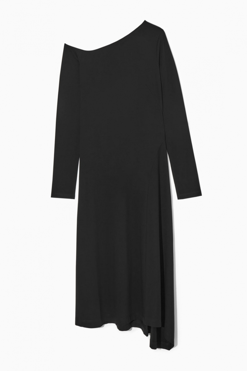 Women's COS Off-The-Shoulder Asymmetric Midi Dress Black NZ-16ZBRJLSN