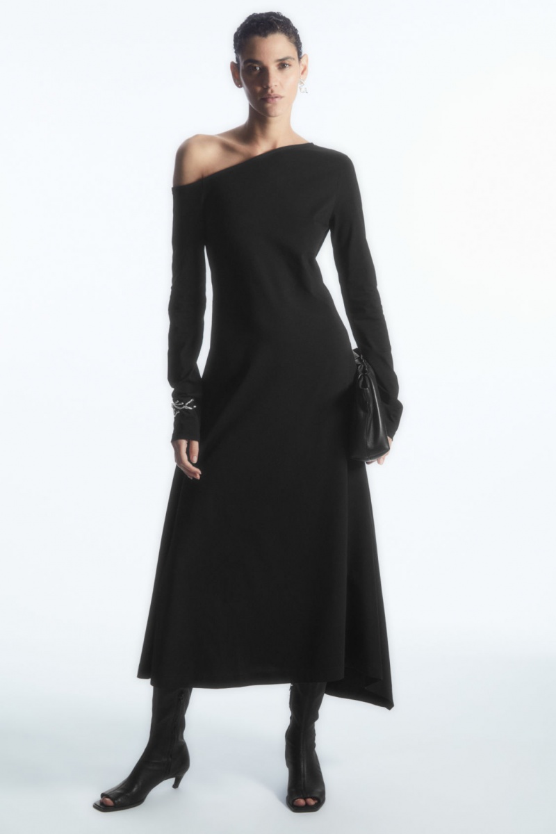 Women\'s COS Off-The-Shoulder Asymmetric Midi Dress Black NZ-16ZBRJLSN