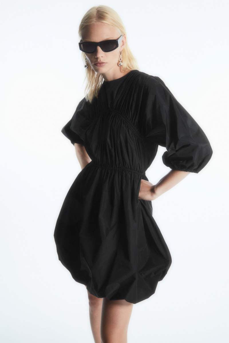 Women's COS Open-Back Shirred Balloon Mini Dress Black NZ-67QOGRVMJ