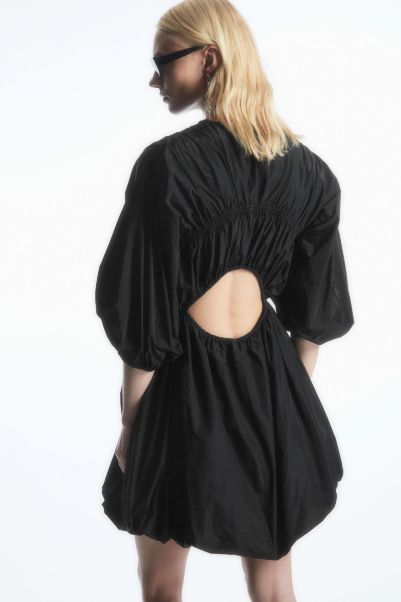 Women's COS Open-Back Shirred Balloon Mini Dress Black NZ-67QOGRVMJ