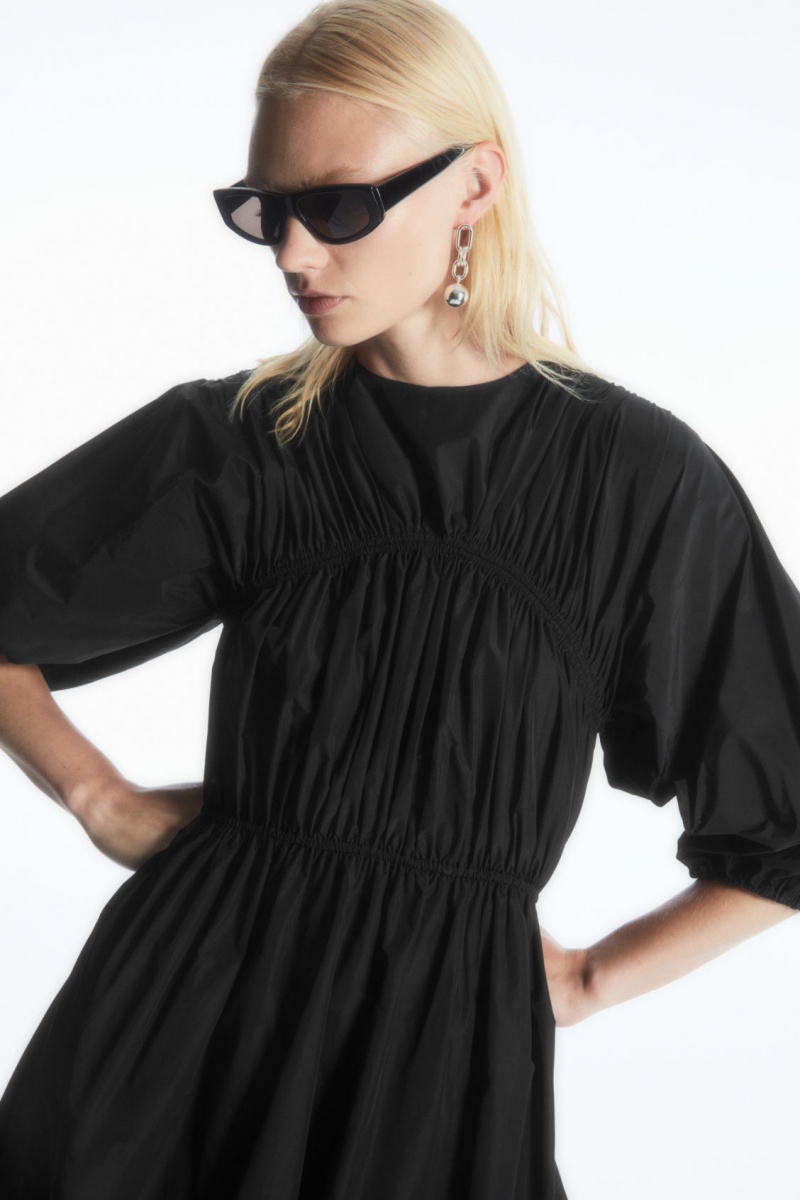 Women's COS Open-Back Shirred Balloon Mini Dress Black NZ-67QOGRVMJ