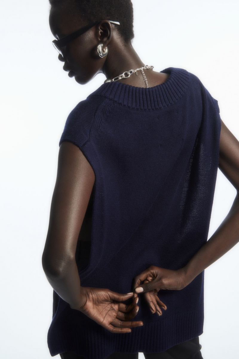 Women's COS Open-Side V-Neck Wool Tank Vest Navy NZ-95FQNJOGX