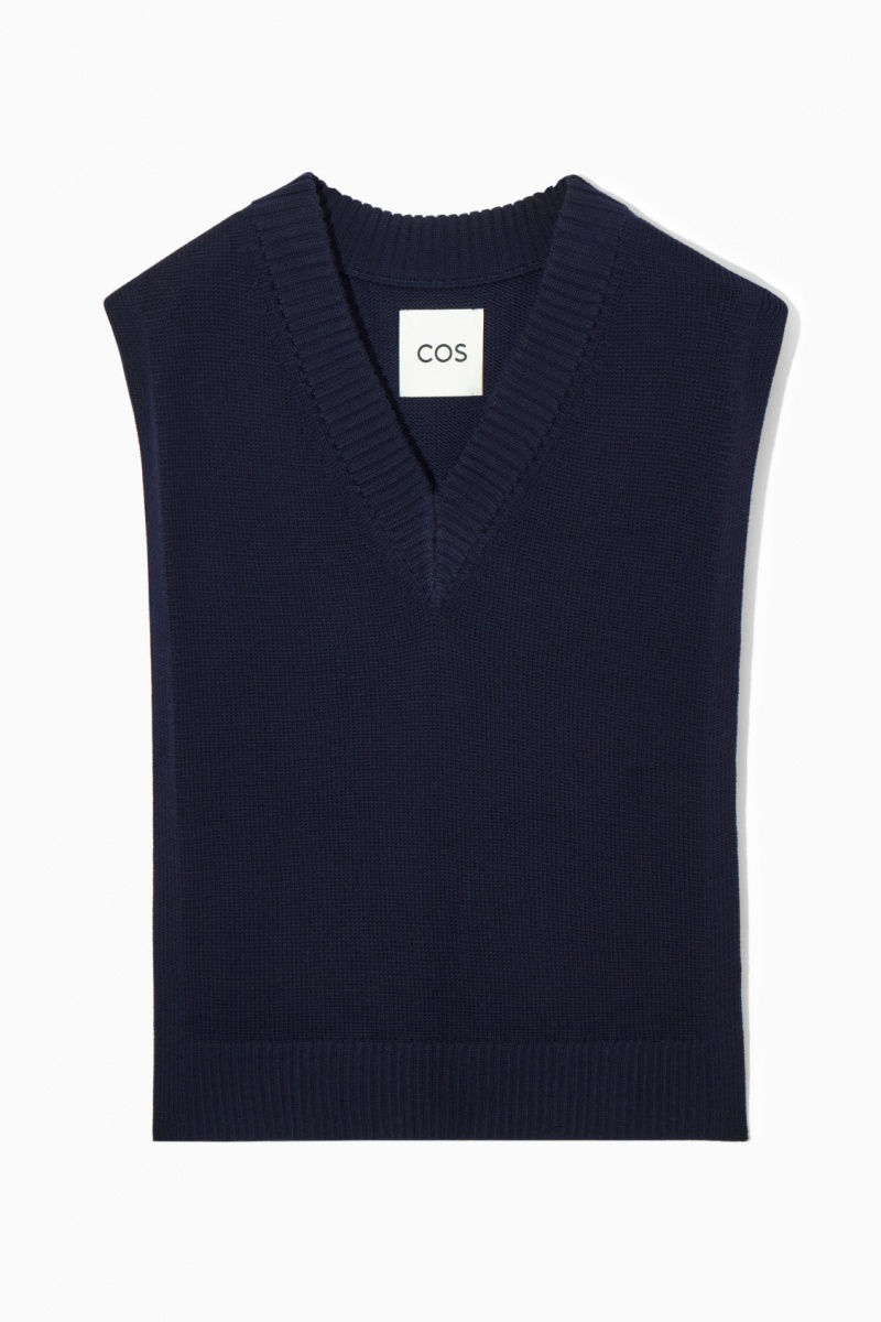 Women's COS Open-Side V-Neck Wool Tank Vest Navy NZ-95FQNJOGX