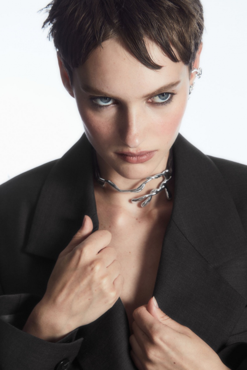 Women's COS Organic-Shaped Silk-Ribbon Choker Necklace Silver / Brown NZ-84UTVADCM