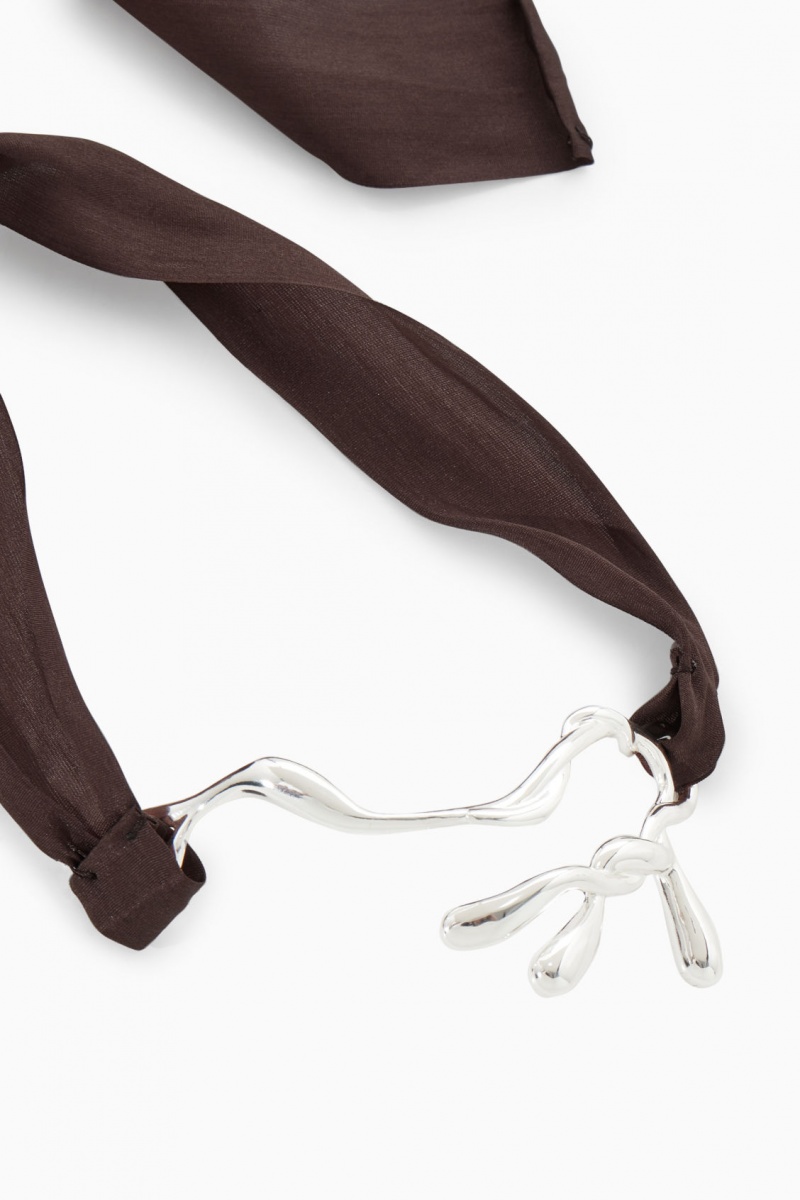 Women's COS Organic-Shaped Silk-Ribbon Choker Necklace Silver / Brown NZ-84UTVADCM