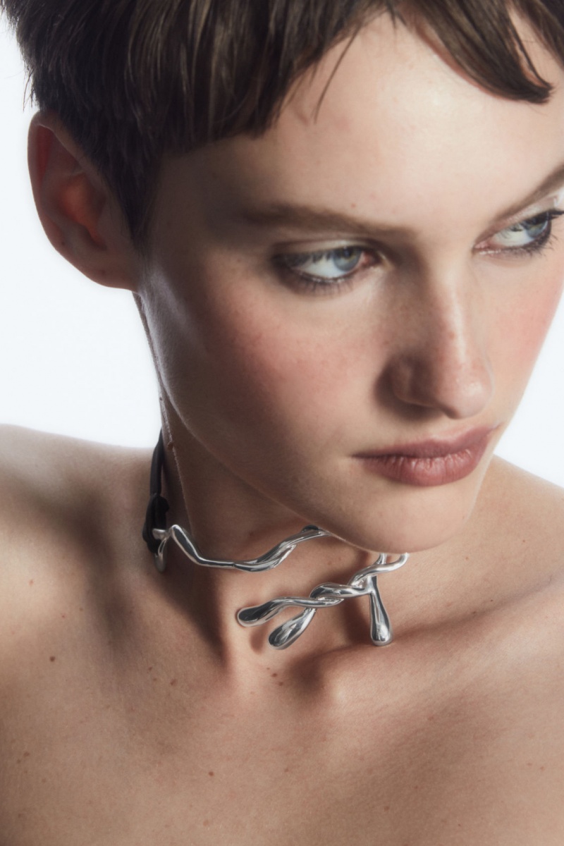 Women\'s COS Organic-Shaped Silk-Ribbon Choker Necklace Silver / Brown NZ-84UTVADCM