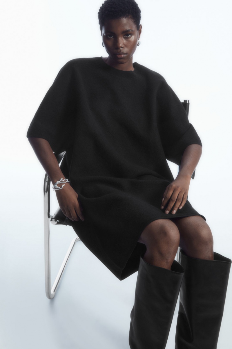 Women's COS Oversized-Fit Wool T-Shirt Dress Black NZ-28GISBMKD