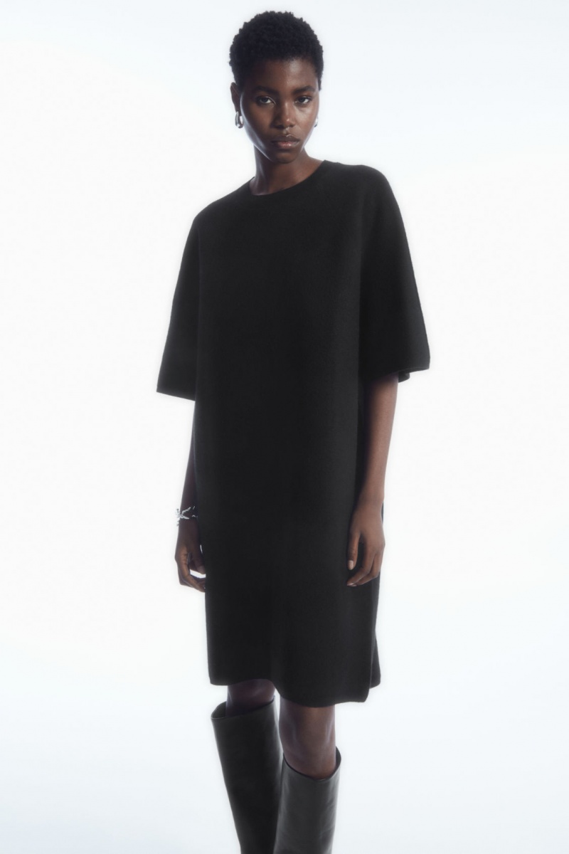 Women's COS Oversized-Fit Wool T-Shirt Dress Black NZ-28GISBMKD