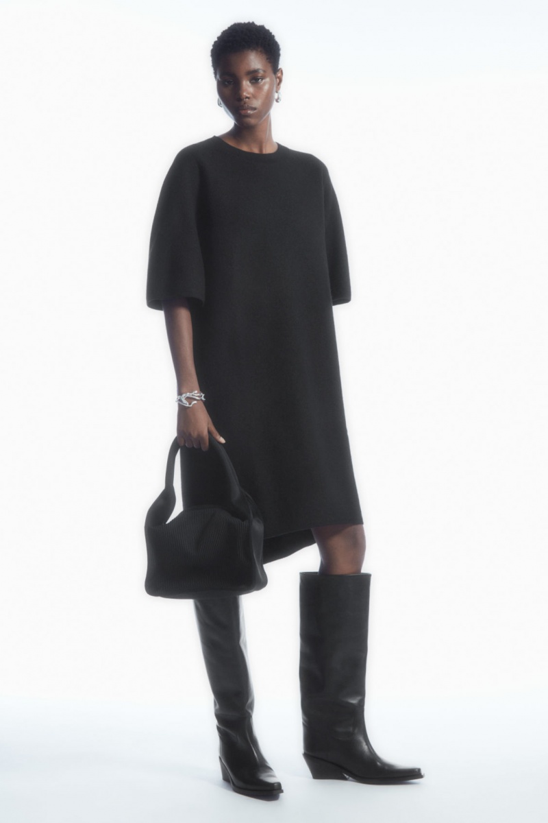 Women\'s COS Oversized-Fit Wool T-Shirt Dress Black NZ-28GISBMKD