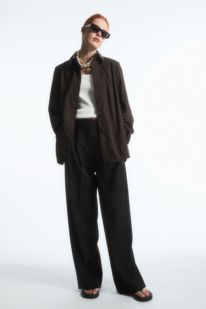 Women's COS Oversized Cotton-Blend Shirts Dark Brown NZ-10RUWKIAD