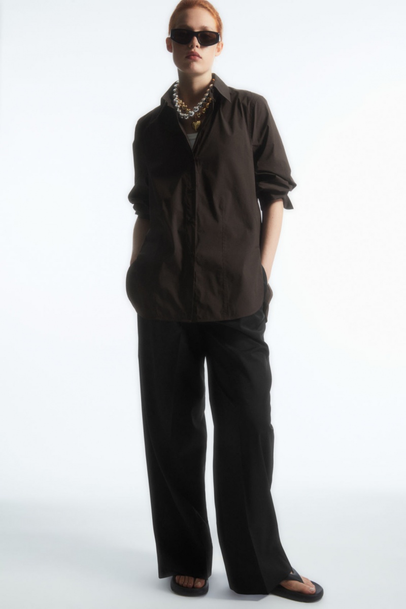Women's COS Oversized Cotton-Blend Shirts Dark Brown NZ-10RUWKIAD