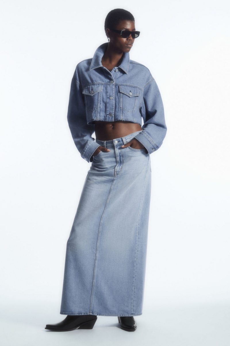 Women's COS Oversized Cropped Denim Overshirt Shirts Light Blue NZ-72DTOCQWF