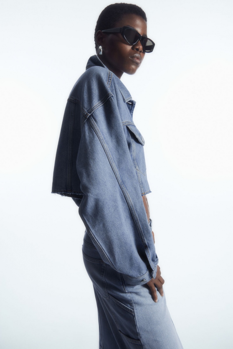 Women's COS Oversized Cropped Denim Overshirt Shirts Light Blue NZ-72DTOCQWF