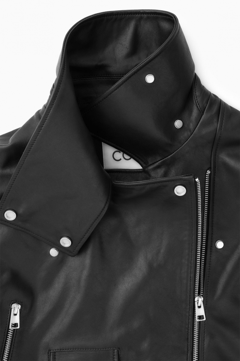 Women's COS Oversized Cropped Leather Biker Jackets Black NZ-75OHLJCVS
