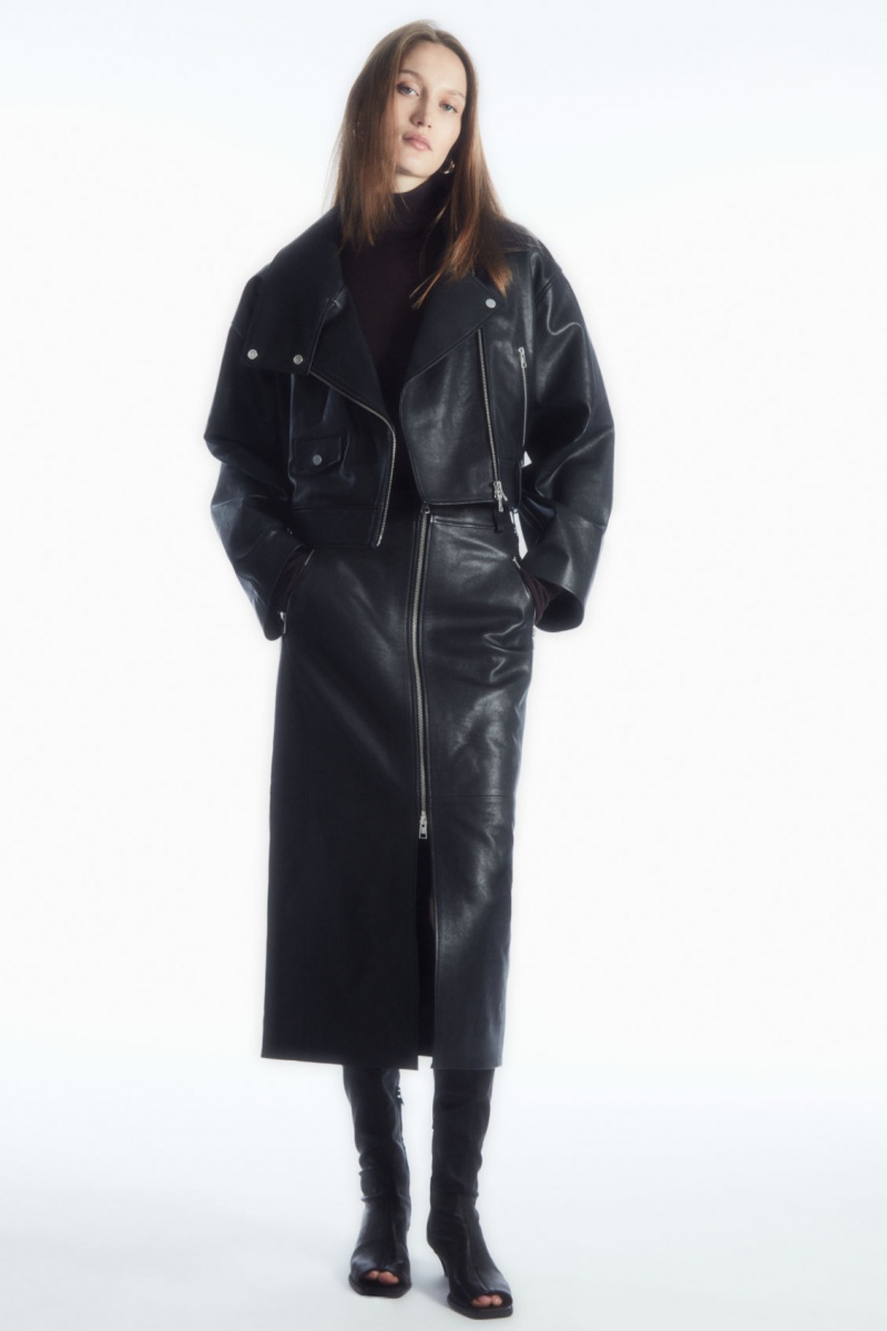 Women's COS Oversized Cropped Leather Biker Jackets Black NZ-75OHLJCVS