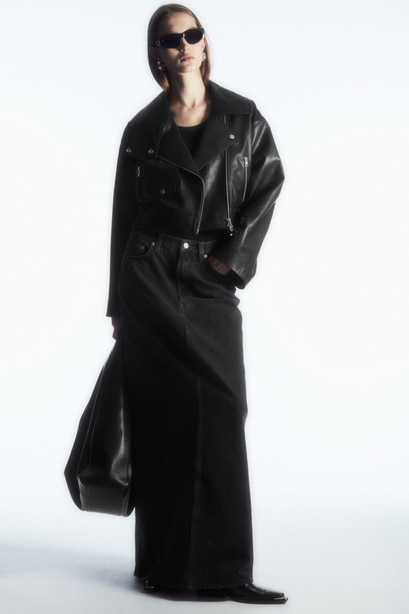 Women's COS Oversized Cropped Leather Biker Jackets Black NZ-75OHLJCVS