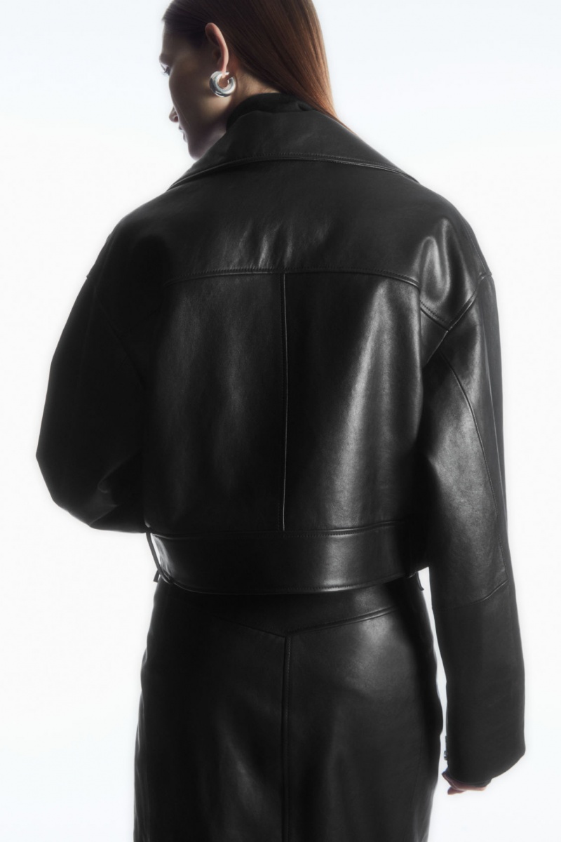 Women's COS Oversized Cropped Leather Biker Jackets Black NZ-75OHLJCVS