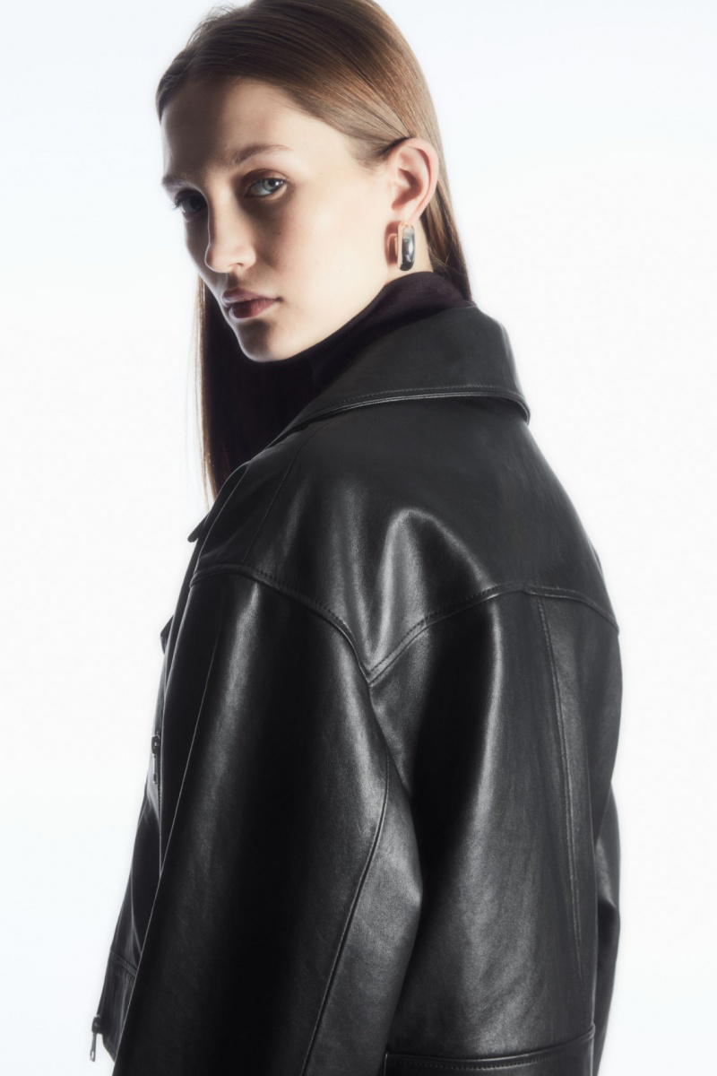 Women's COS Oversized Cropped Leather Biker Jackets Black NZ-75OHLJCVS