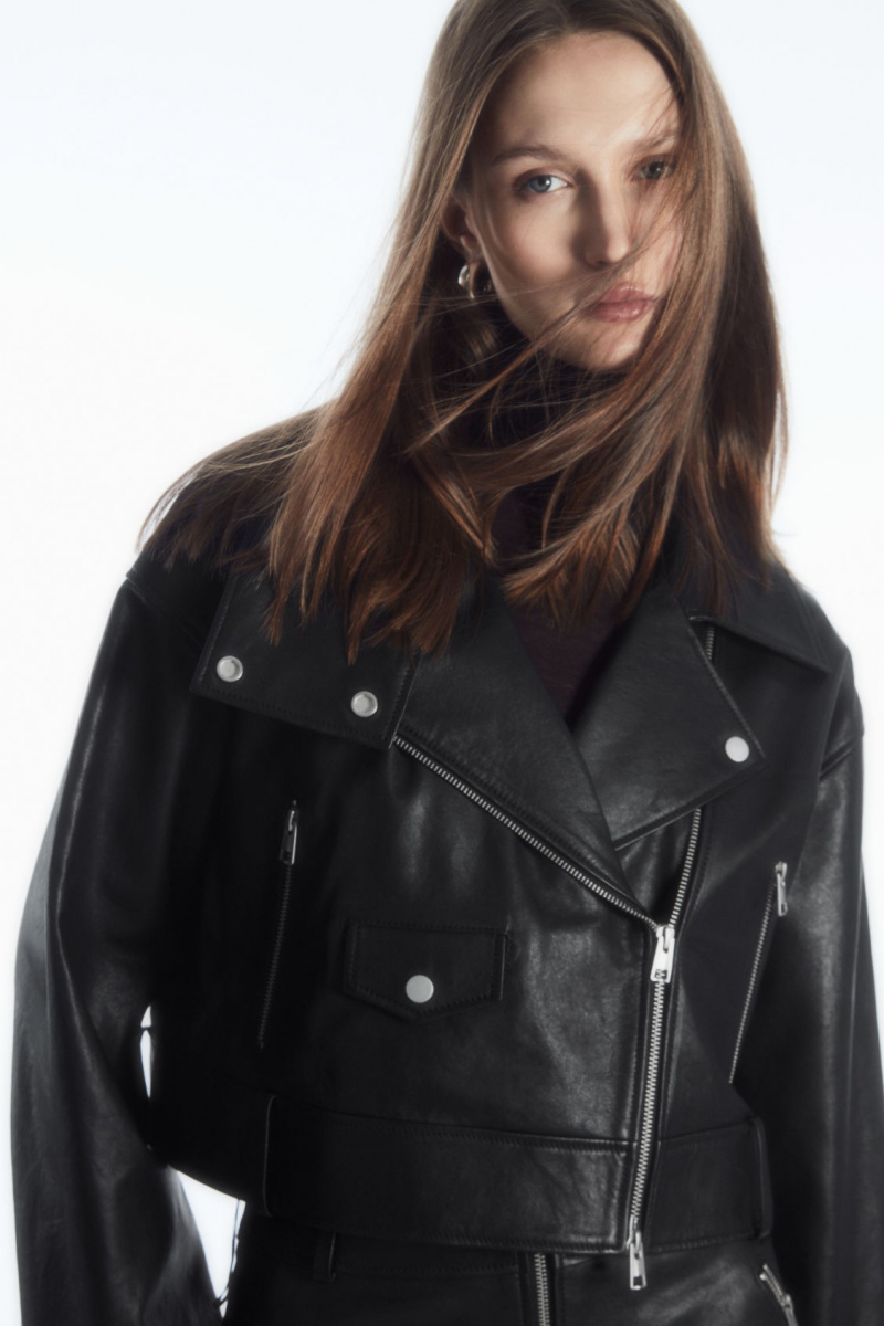 Women's COS Oversized Cropped Leather Biker Jackets Black NZ-75OHLJCVS