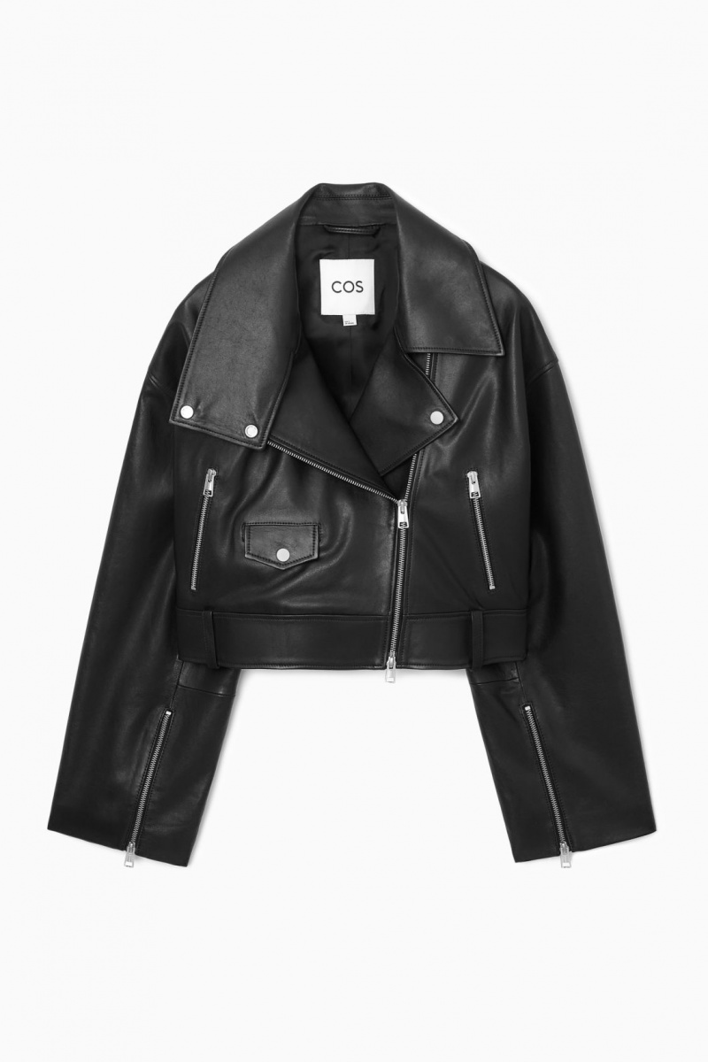 Women's COS Oversized Cropped Leather Biker Jackets Black NZ-75OHLJCVS