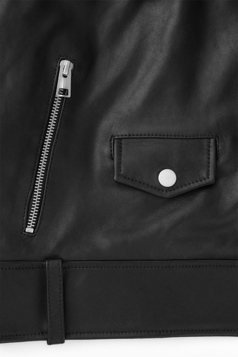 Women's COS Oversized Cropped Leather Biker Jackets Black NZ-75OHLJCVS