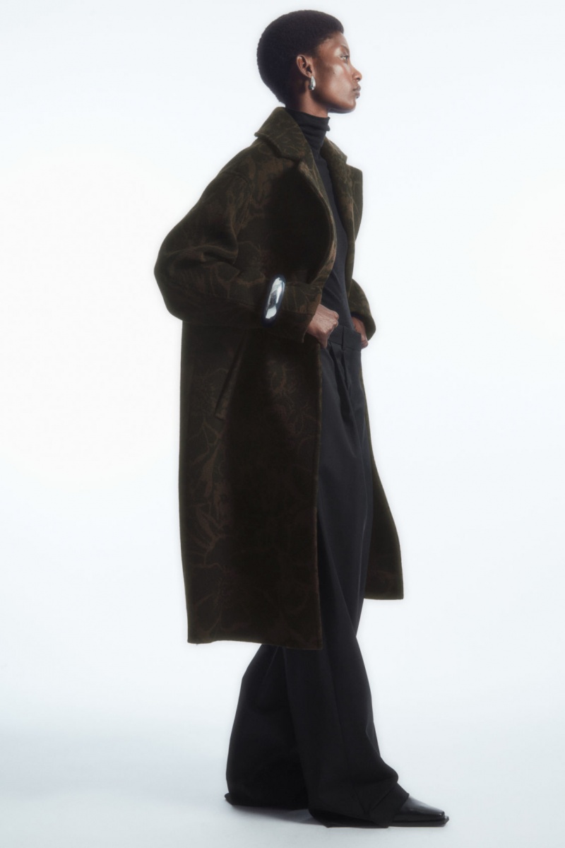Women's COS Oversized Double-Breasted Floral-Print Wool Coats Dark Brown NZ-45FDMKGJE
