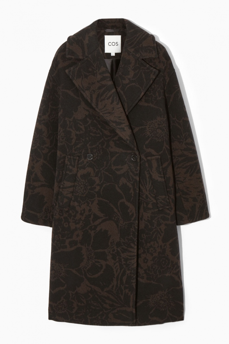 Women's COS Oversized Double-Breasted Floral-Print Wool Coats Dark Brown NZ-45FDMKGJE