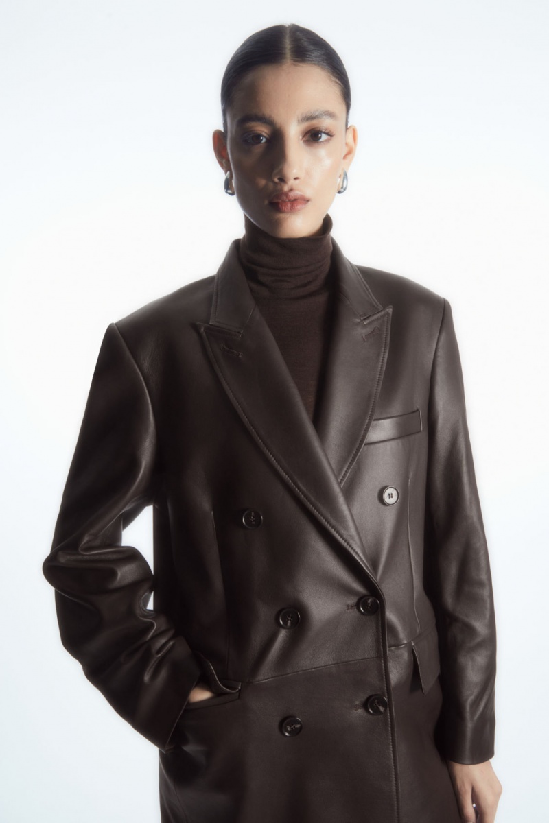 Women's COS Oversized Double-Breasted Leather Coats Brown NZ-03LUPOZKE