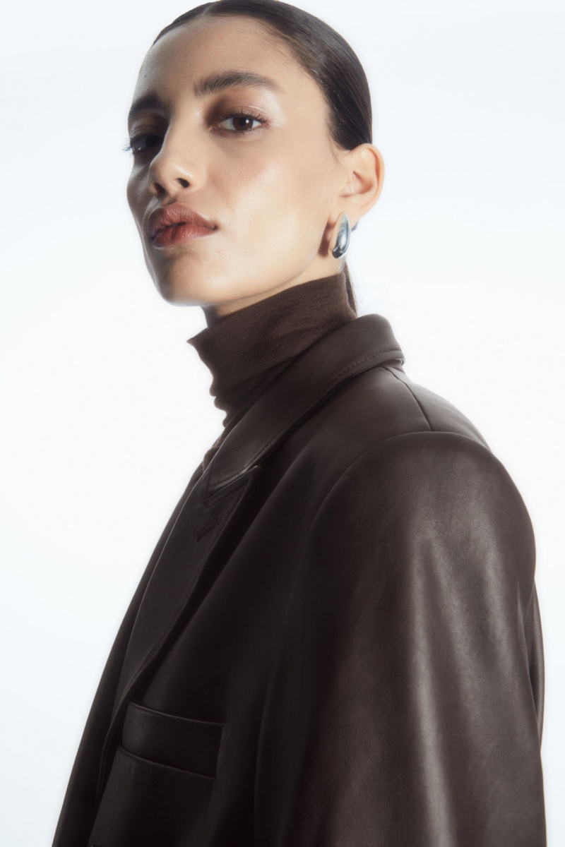 Women's COS Oversized Double-Breasted Leather Coats Brown NZ-03LUPOZKE