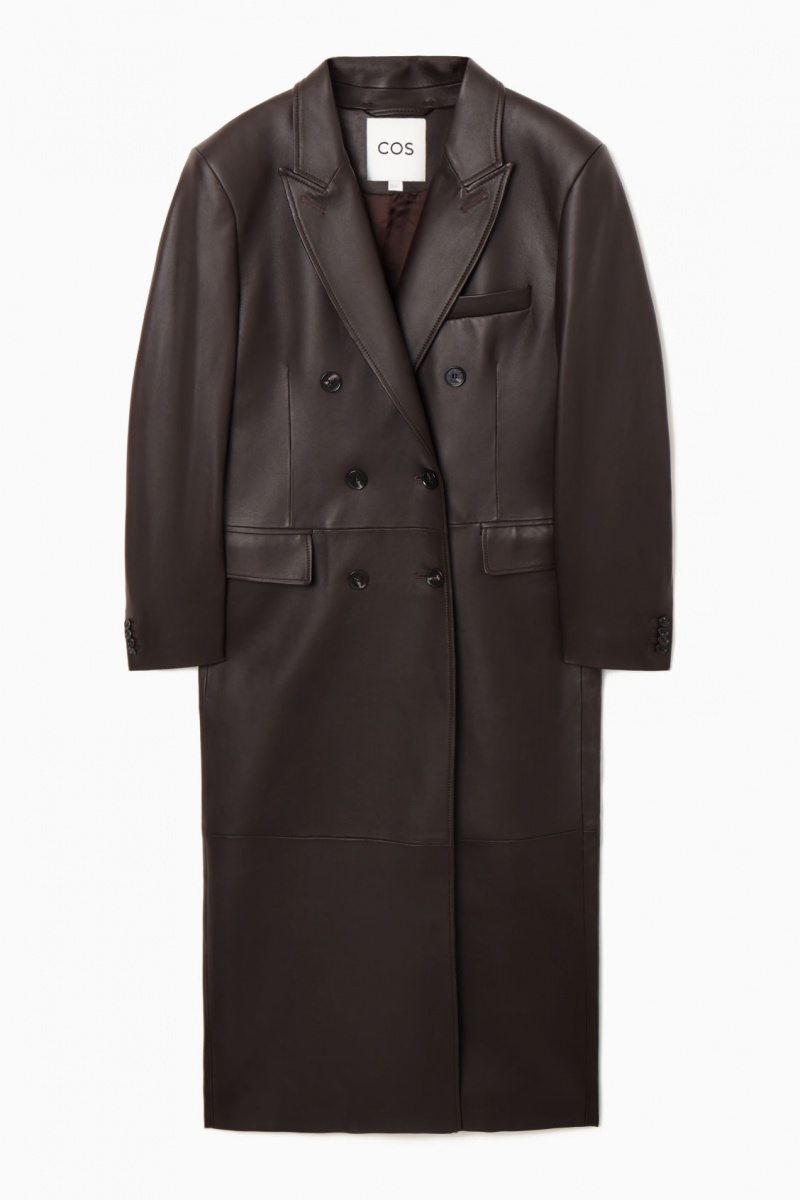 Women's COS Oversized Double-Breasted Leather Coats Brown NZ-03LUPOZKE